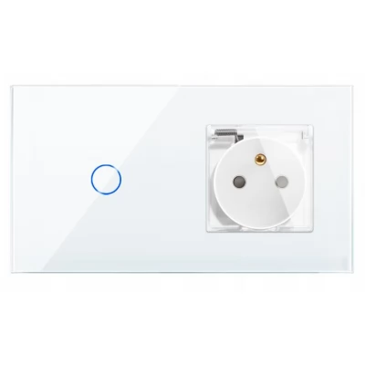 Intrerupator touch ALB, cu capac protectie apa, cu WiFi, 1 clapa + 1 priza/ 1way/600w/86x157mm / Caligate
