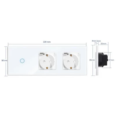 Intrerupator touch ALB 1 clapa, cu capac protectie apa, 1 way + 2 prize/ SIMPLU /neutral/600w/16A/86x228mm / Caligate-thumb-2