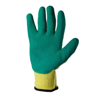 Manusi din poliester si bumbac galbene, acoperire spuma verde de latex turnare incompleta