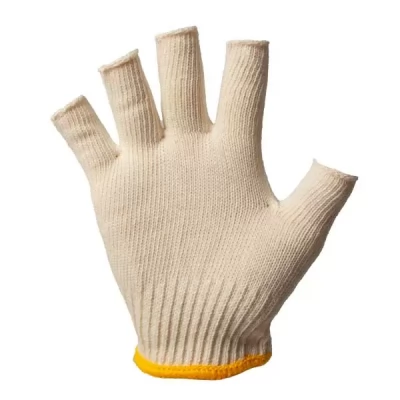 Manusi din bumbac si poliester albe cu manseta galbena tricotata, manusi fara degete 8" (M)