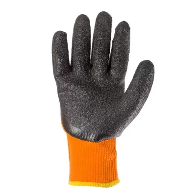 Manusi din poliester portocalie, acoperire spuma neagra de latex dens turnare incompleta, man