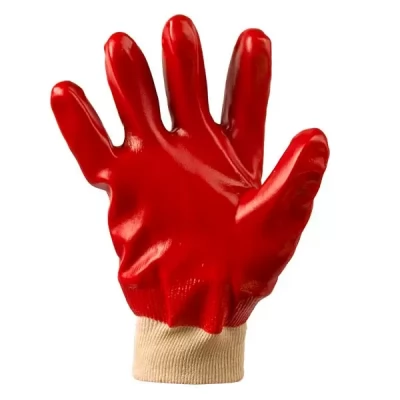 Manusi rezistente la ulei din bumbac albe, acoperire PVC rosu turnare completa, manseta trico