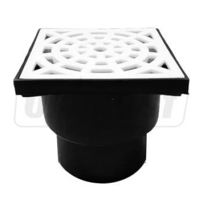 Sifon pardoseala PP dn 110 vertical negru cu grila alba (150x150)