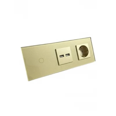 Intrerupator touch GOLD 1 clapa 1way + 2 USB 5V/3.1A + 1 priza 16A/86x228mm / Caligate