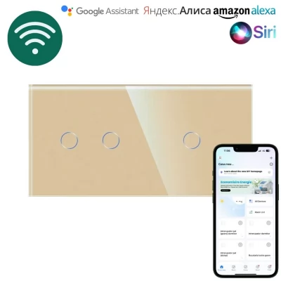 Intrerupator smart GOLD, 1 clapa + 2 clape, set WiFI/ 1 way/L+N 600w/86x157mm / Caligate