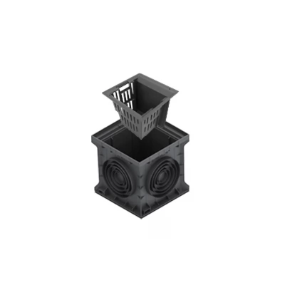 Cămin colector din plastic BASE 400X400, negru, dotat cu coș parafrunzar și sifon cu ieșiri verticale și orizontale D75-110-160-200-250mm, clasa de sarcini C250