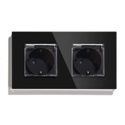 Priza dubla NEGRU, cu capac protectie apa, 16A / 86x157mm / Caligate