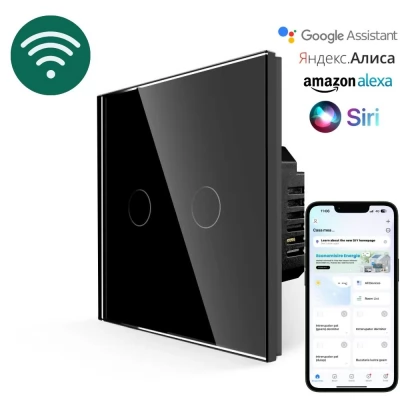 Intrerupator smart NEGRU 2 clape, set WiFi, 1 way/neutral/600w/86x86mm / Caligate