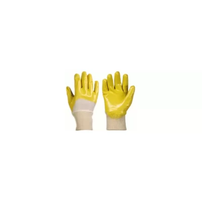 Manusi din bumbac albe, acoperire nitril galben turnare incompleta, manseta tricotata 10 "(L)