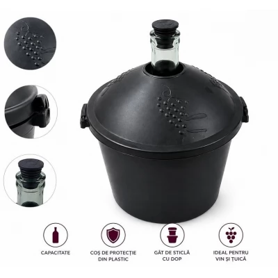 Damigeană de 10 l în coș, cu dop.